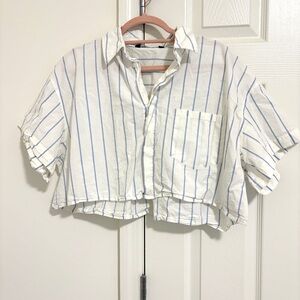Zara Ivory Button Down Blouse Sky Stripes Women’s Size L